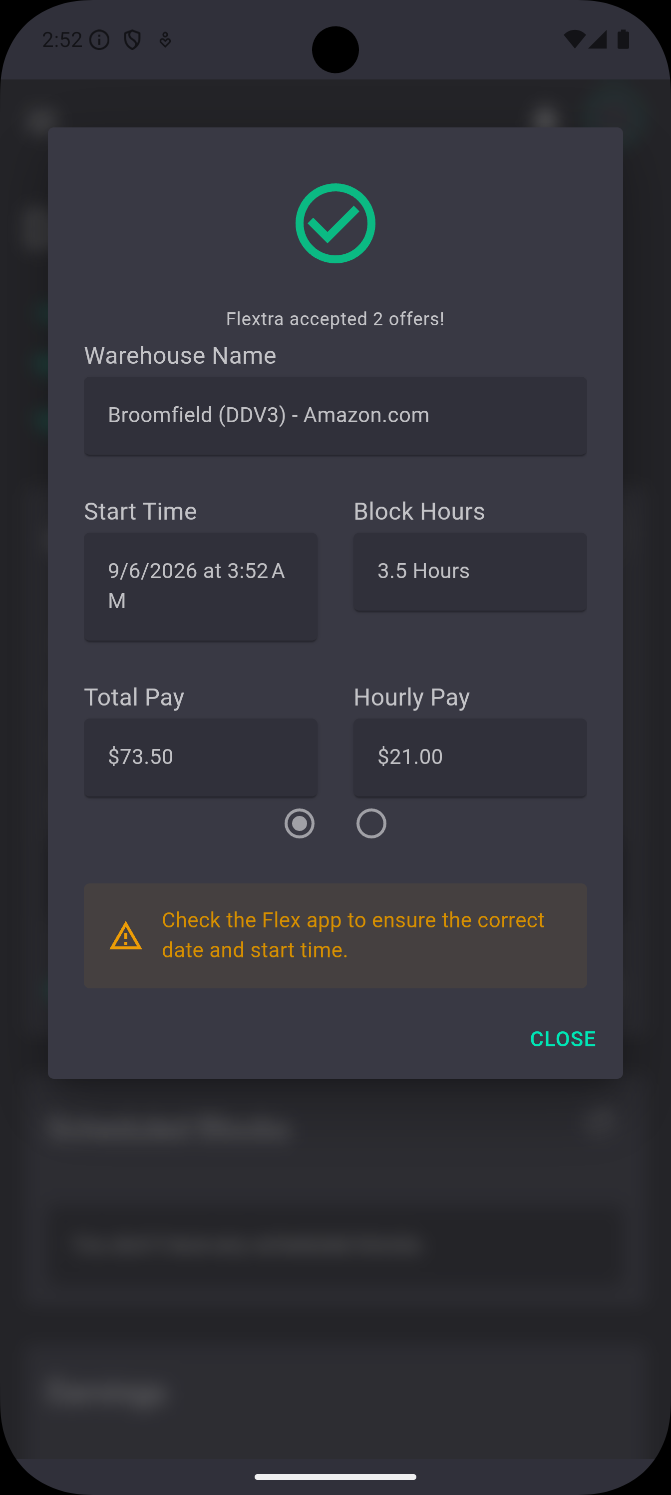Flextra showing an accepted Amazon Flex block