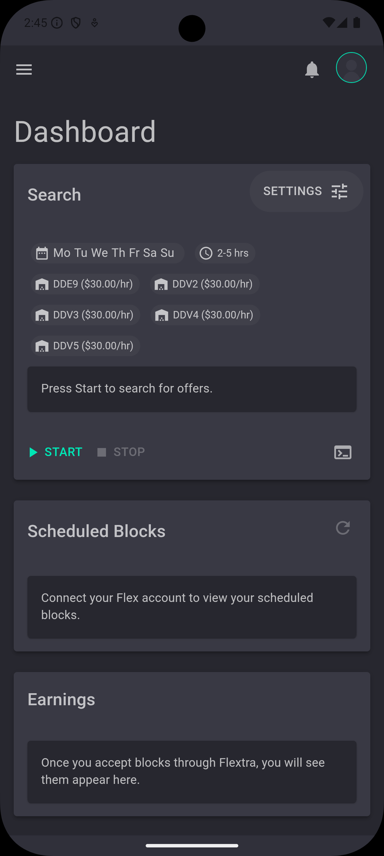 Flextra dashboard showing earnings and upcoming schedule at a glance